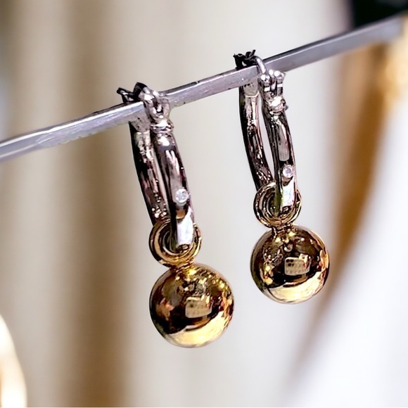 Silver hoop earrings with Gold Balls Dangle Hoops Perfect two tone earrings! - Picture 3 of 16